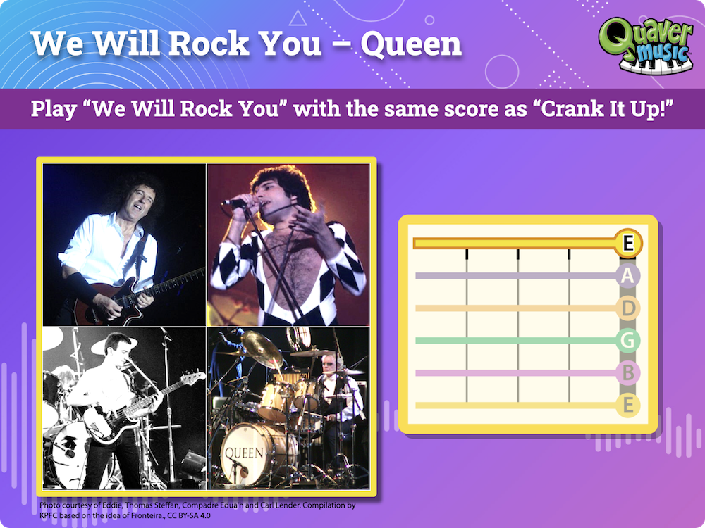 Snapshot from a Quaver Guitar Course lesson plan featuring We Will Rock You by Queen